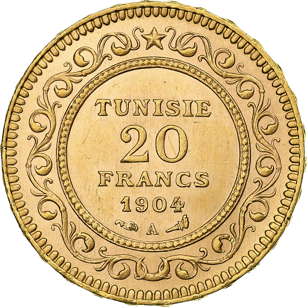 Tunisia, Muhammad al-Hadi Bey, 20 Francs, 1904, Paris, SPL, Oro, KM:234