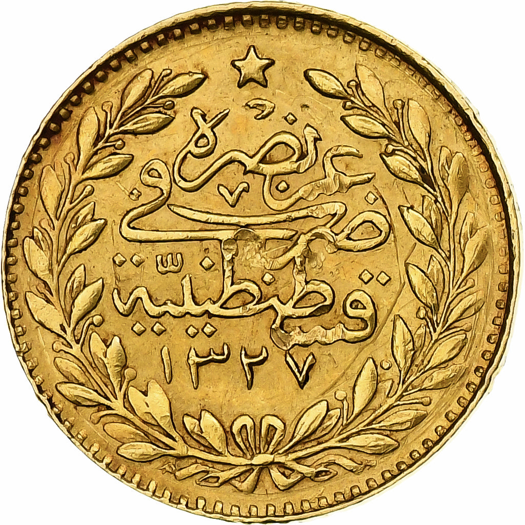 Türkei, Muhammad V, 25 Kurush, 1913/AH1327, Qustantiniyah, SS, Gold, KM:752