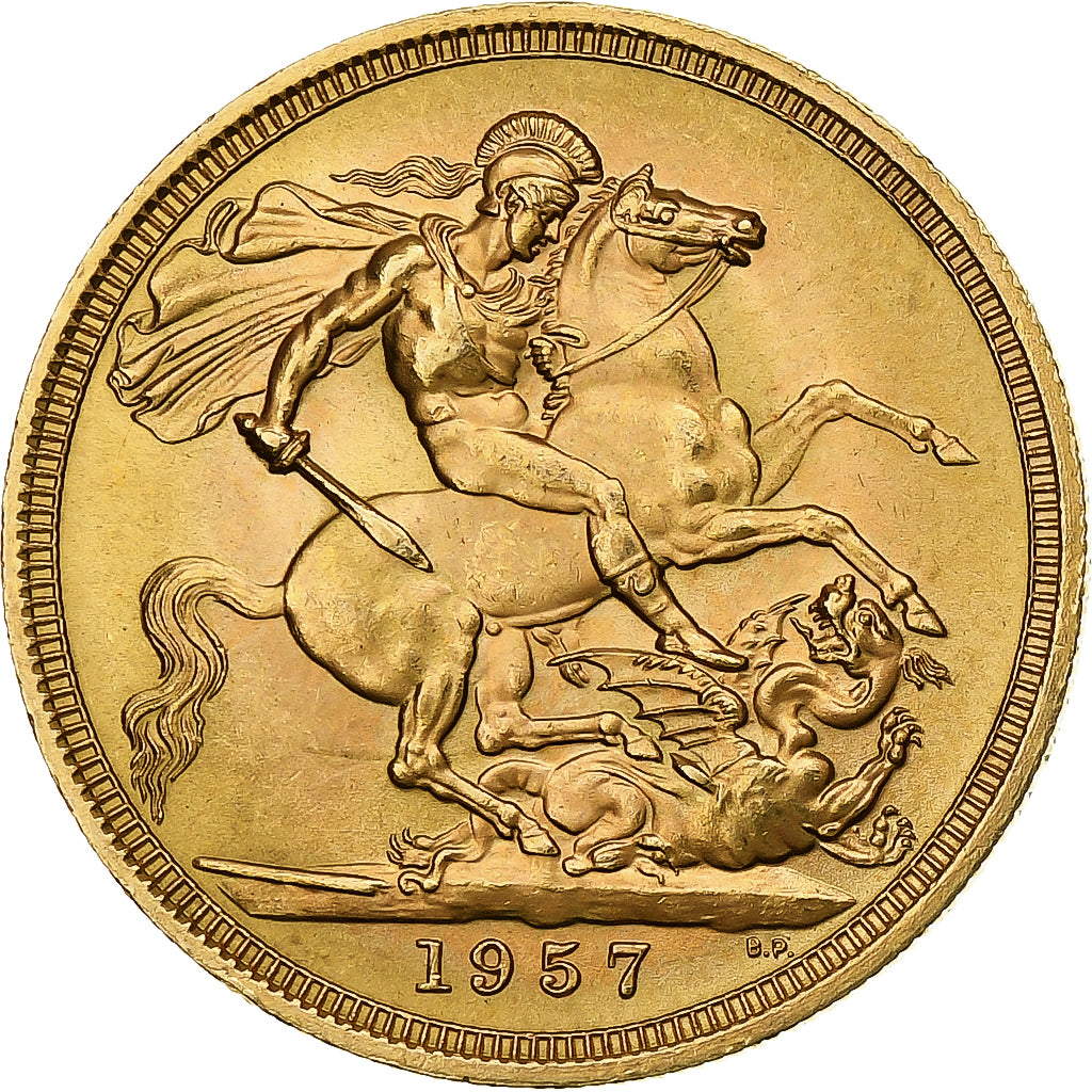 Great Britain, Elizabeth II, Sovereign, 1957, London, Gold, MS(63), KM:908