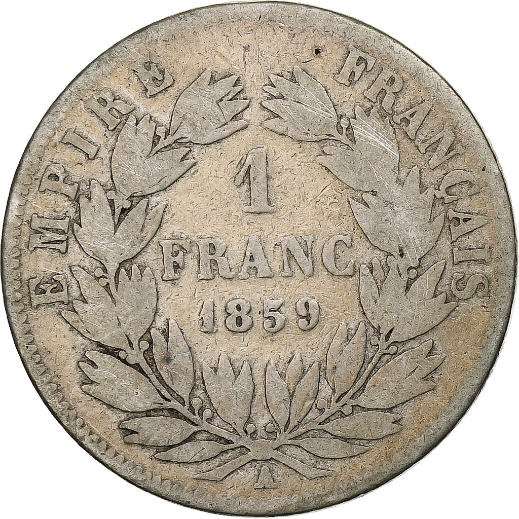 Francia, Napoleon III, Franc, 1859, Paris, Plata, BC, Gadoury:460