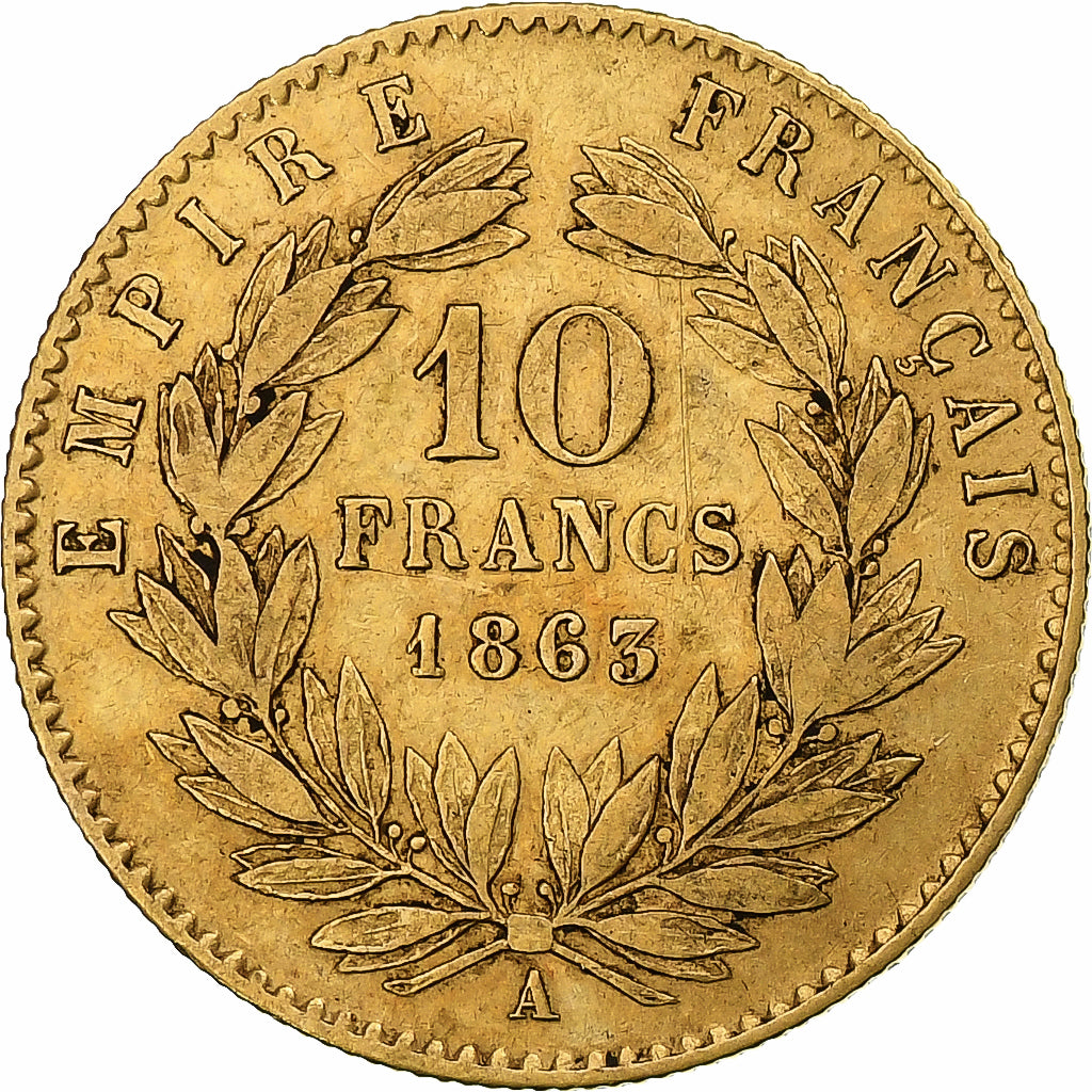 Frankrijk, Napoleon III, 10 Francs, 1863, Paris, Goud, ZF, Gadoury:1015