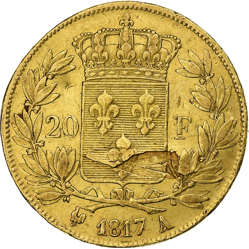 France, Louis XVIII, 20 Francs, 1817, Paris, error lamination, Gold, EF(40-45)