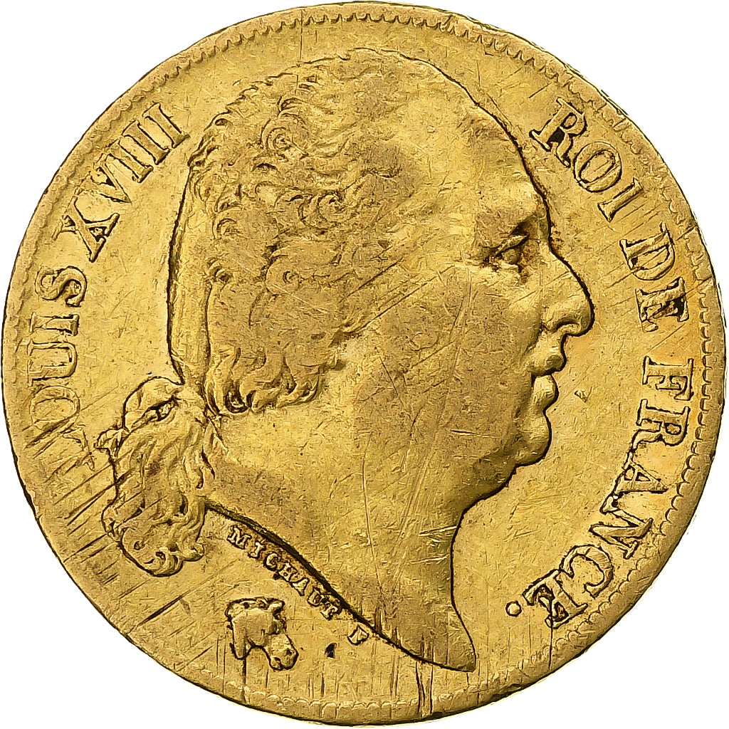 França, Louis XVIII, 20 Francs, 1820, Paris, Dourado, VF(30-35), Gadoury:1028