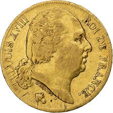 França, Louis XVIII, 20 Francs, 1820, Paris, Dourado, VF(30-35), Gadoury:1028