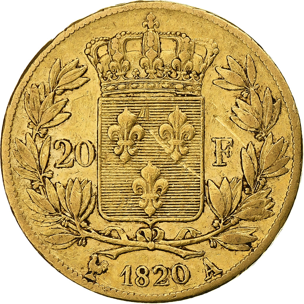 França, Louis XVIII, 20 Francs, 1820, Paris, Dourado, VF(30-35), Gadoury:1028
