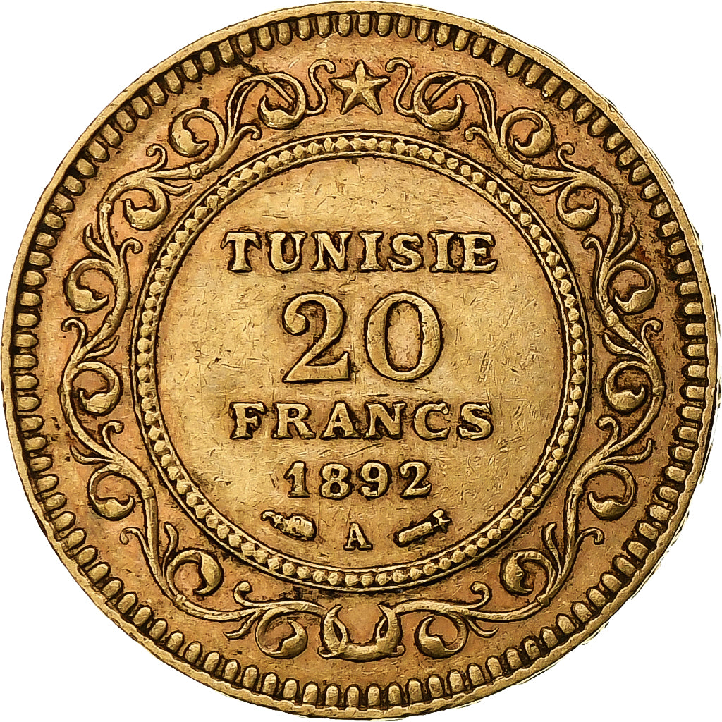 Tunesien, Ali Bey, 20 Francs, 1892, Paris, Gold, SS, Lecompte:444, KM:227
