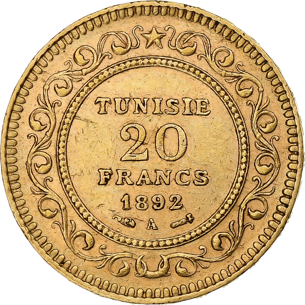Tunesien, Ali Bey, 20 Francs, 1892, Paris, Gold, SS+, Lecompte:444, KM:227