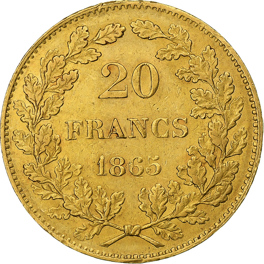 Belgia, Leopold I, 20 Francs, 20 Frank, 1865, Złoto, AU(50-53), KM:23
