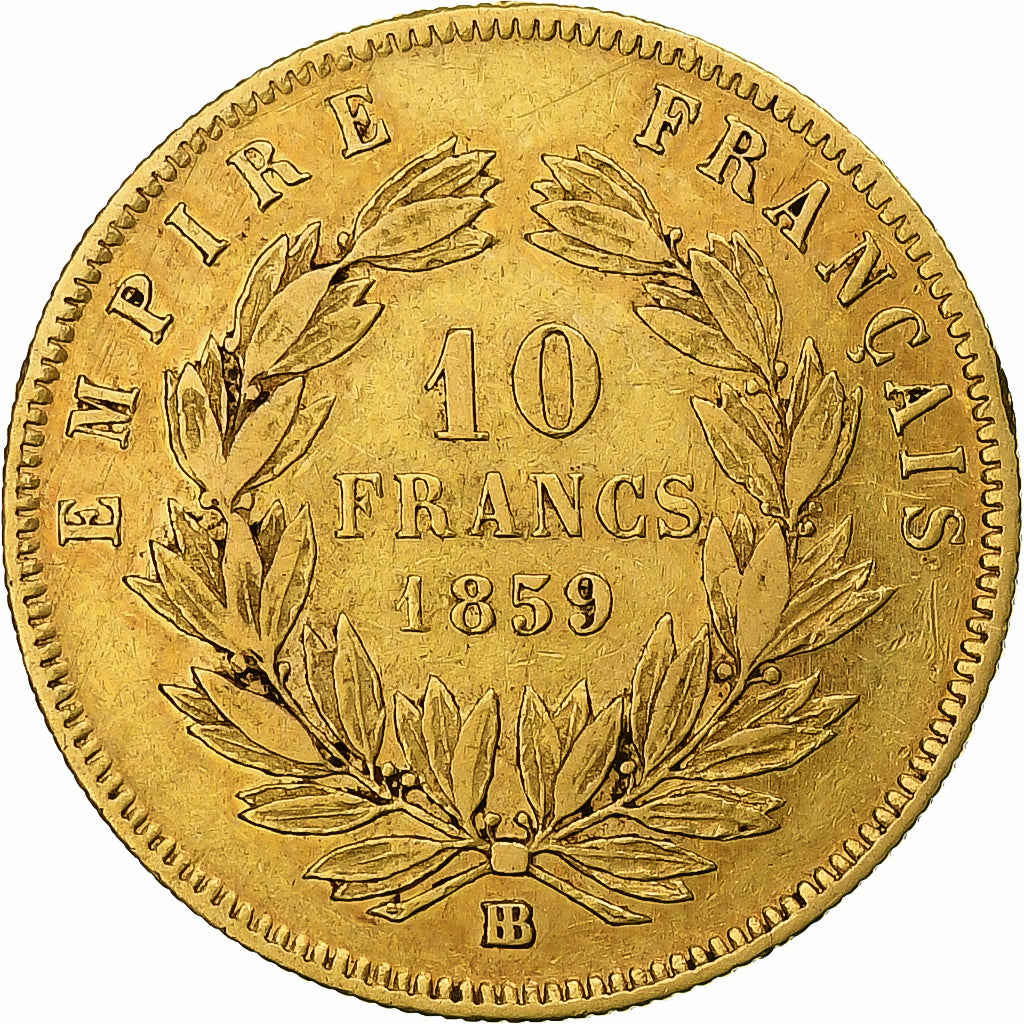 Francia, Napoleon III, 10 Francs, 1859, Strasbourg, Oro, BB, KM:784.4