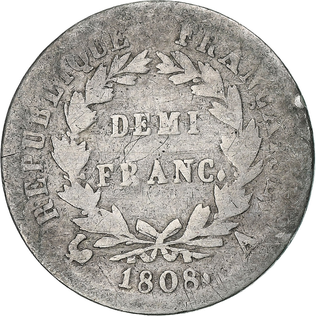 Francja, 1/2 Franc, Napoléon I, 1808, Paris, Srebro, F(12-15), Gadoury:398