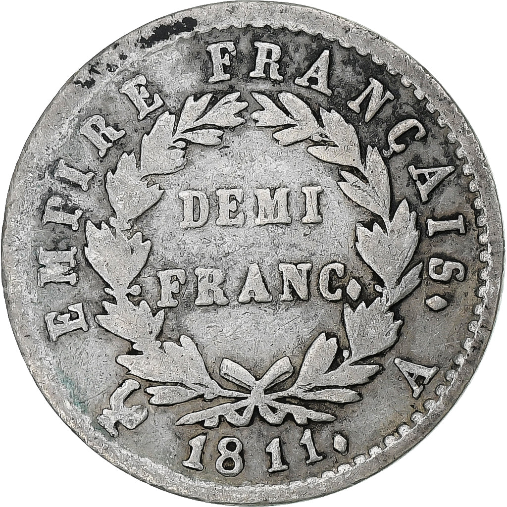 França, Napoleon I, 1/2 Franc, 1811, Paris, Prata, VF(20-25), Gadoury:399