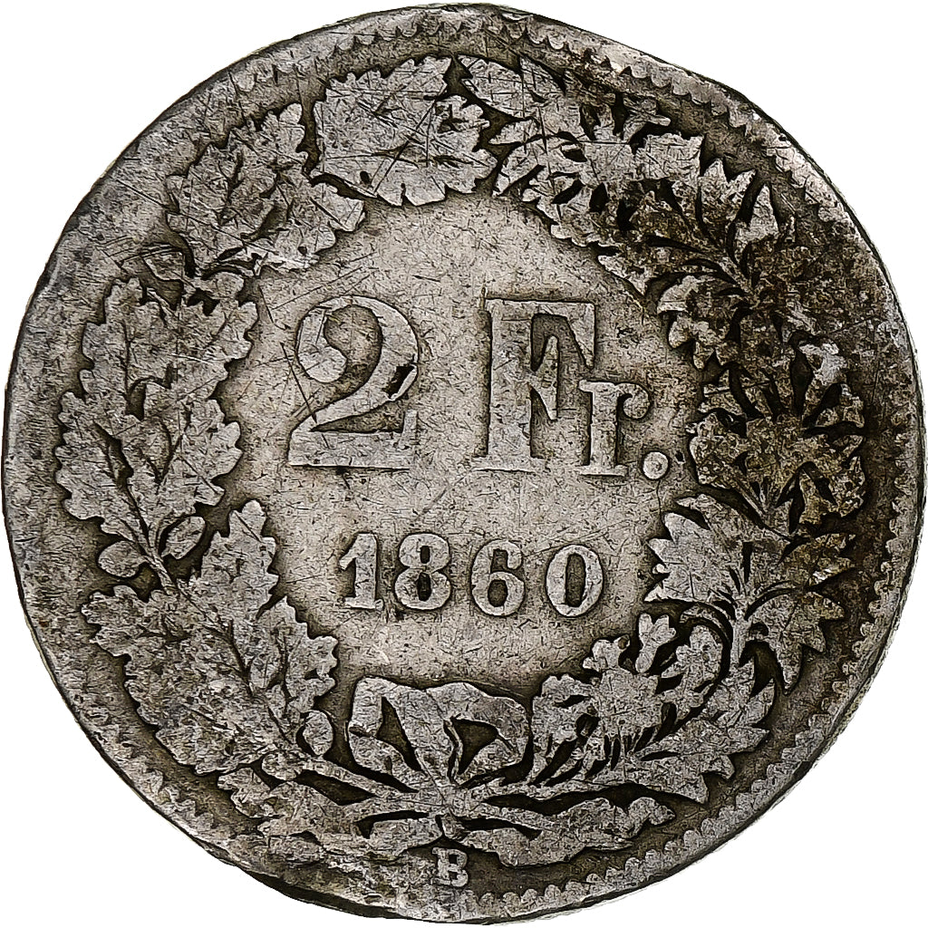 Switzerland, 2 Francs, 1860, Bern, Silver, F(12-15), KM:10a