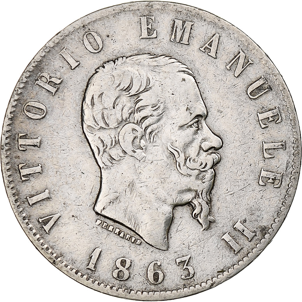 Italia, Vittorio Emanuele II, 2 Lire, 1863, Torino, Plata, BC+, KM:6a.2