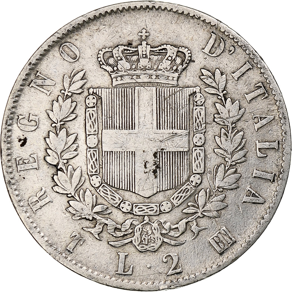 Italia, Vittorio Emanuele II, 2 Lire, 1863, Torino, Plata, BC+, KM:6a.2