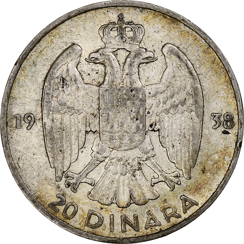 Munten, Joegoslaviëe, Petar II, 20 Dinara, 1938, ZF+, Zilver, KM:23