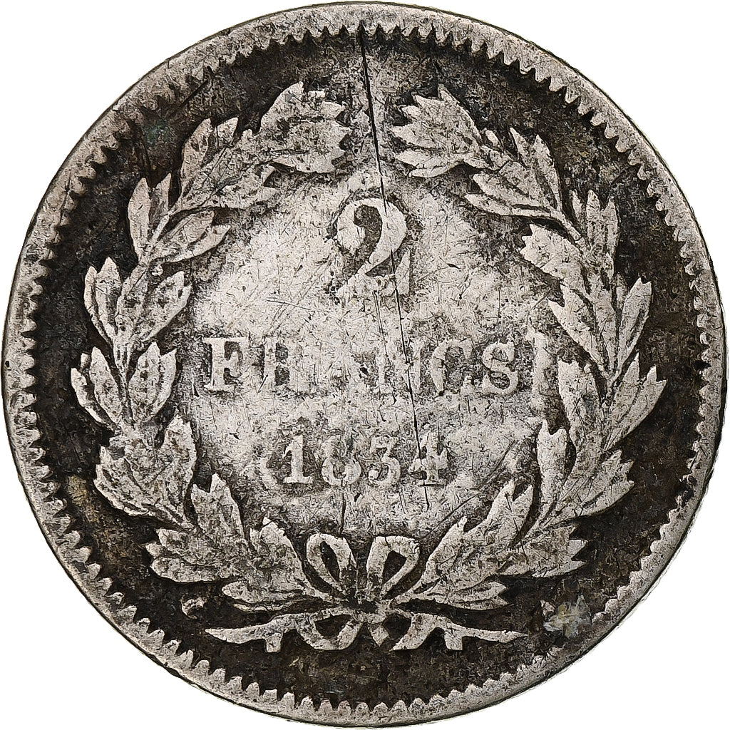 Francia, 2 Francs, Louis-Philippe, 1834, Paris, Plata, BC, Gadoury:520, KM:743.1