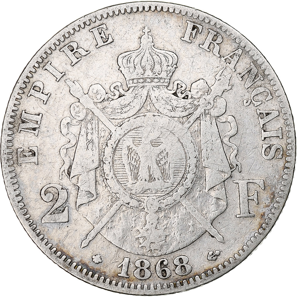 France, Napoléon III, 2 Francs, 1868, Paris, Argent, TB, Gadoury:527, KM:807.1