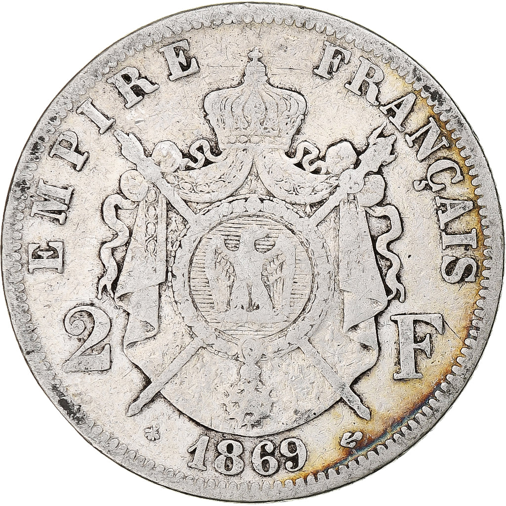Francia, Napoleon III, 2 Francs, 1869, Paris, Plata, BC+, Gadoury:527, KM:807.1