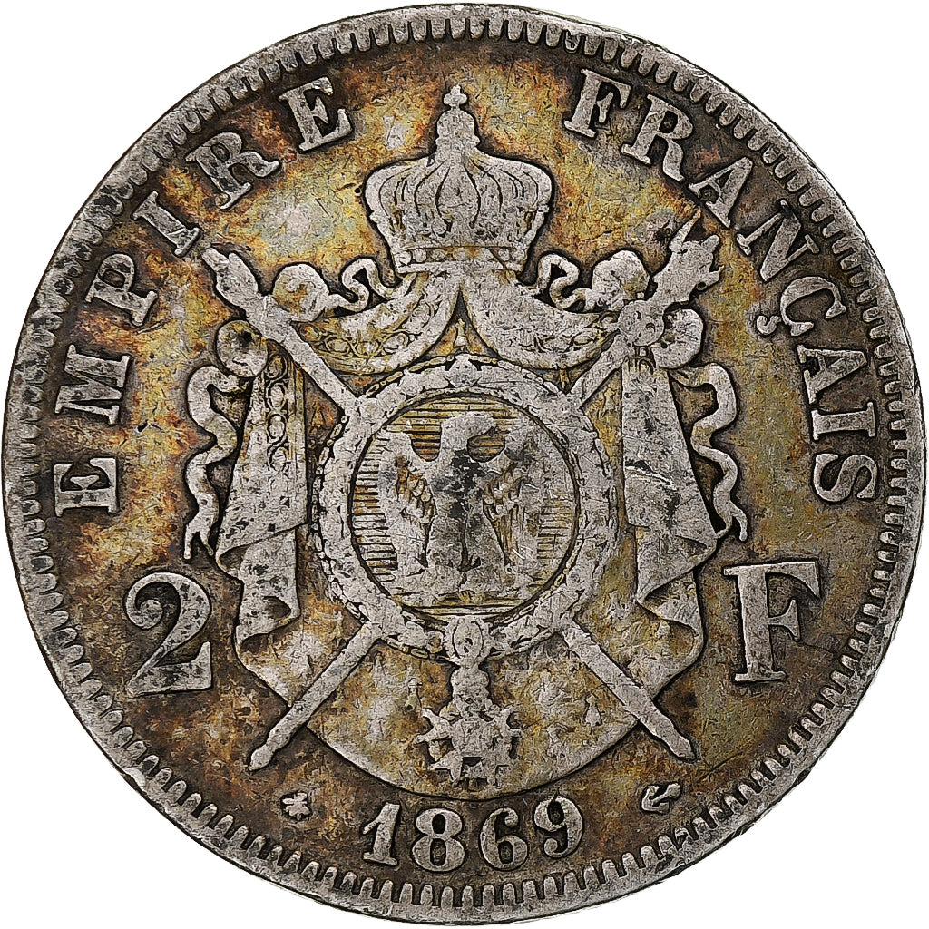 Francja, Napoleon III, 2 Francs, 1869, Paris, Srebro, VF(20-25), Gadoury:527