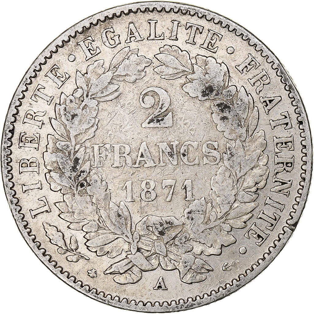 França, 2 Francs, Cérès, 1871, Paris, Prata, VF(30-35), Gadoury:530, KM:817.1