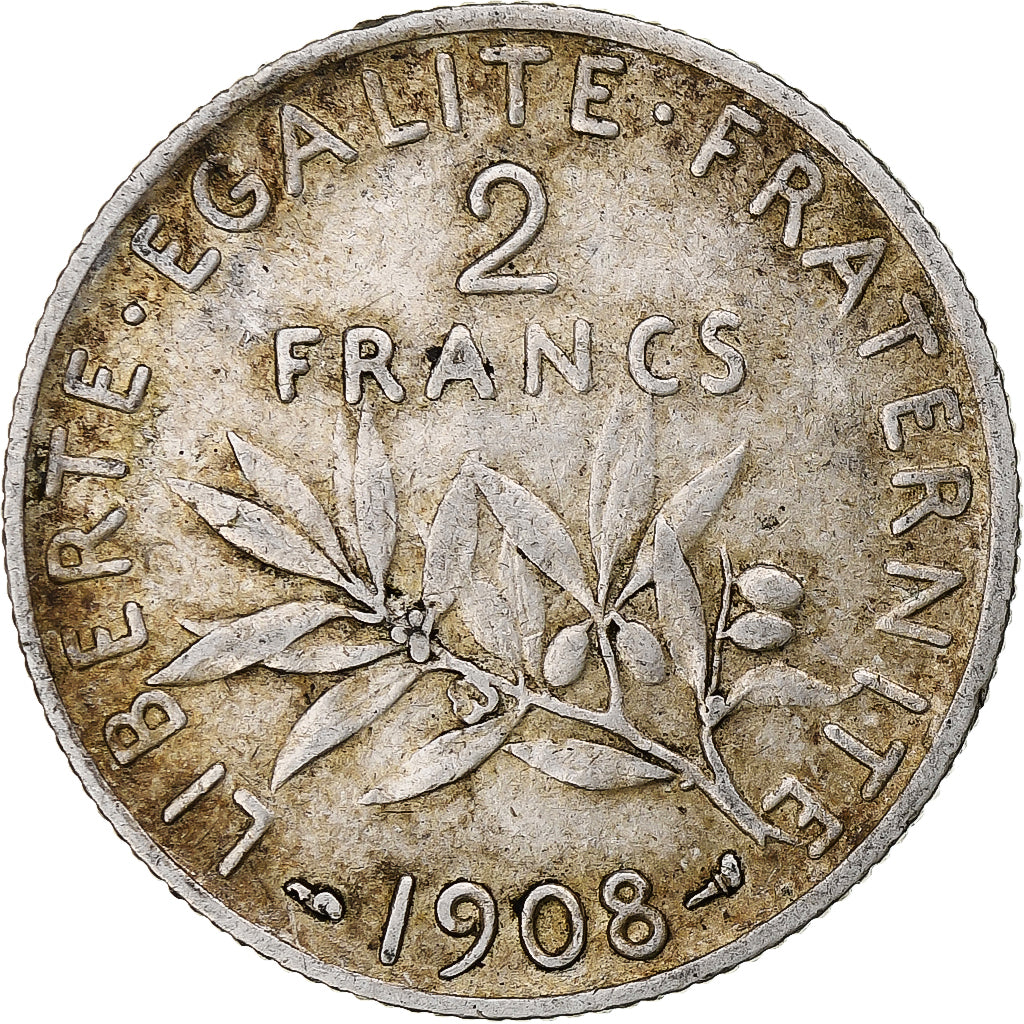 Frankreich, 2 Francs, Semeuse, 1908, Paris, Silber, SS, Gadoury:532, KM:845.1