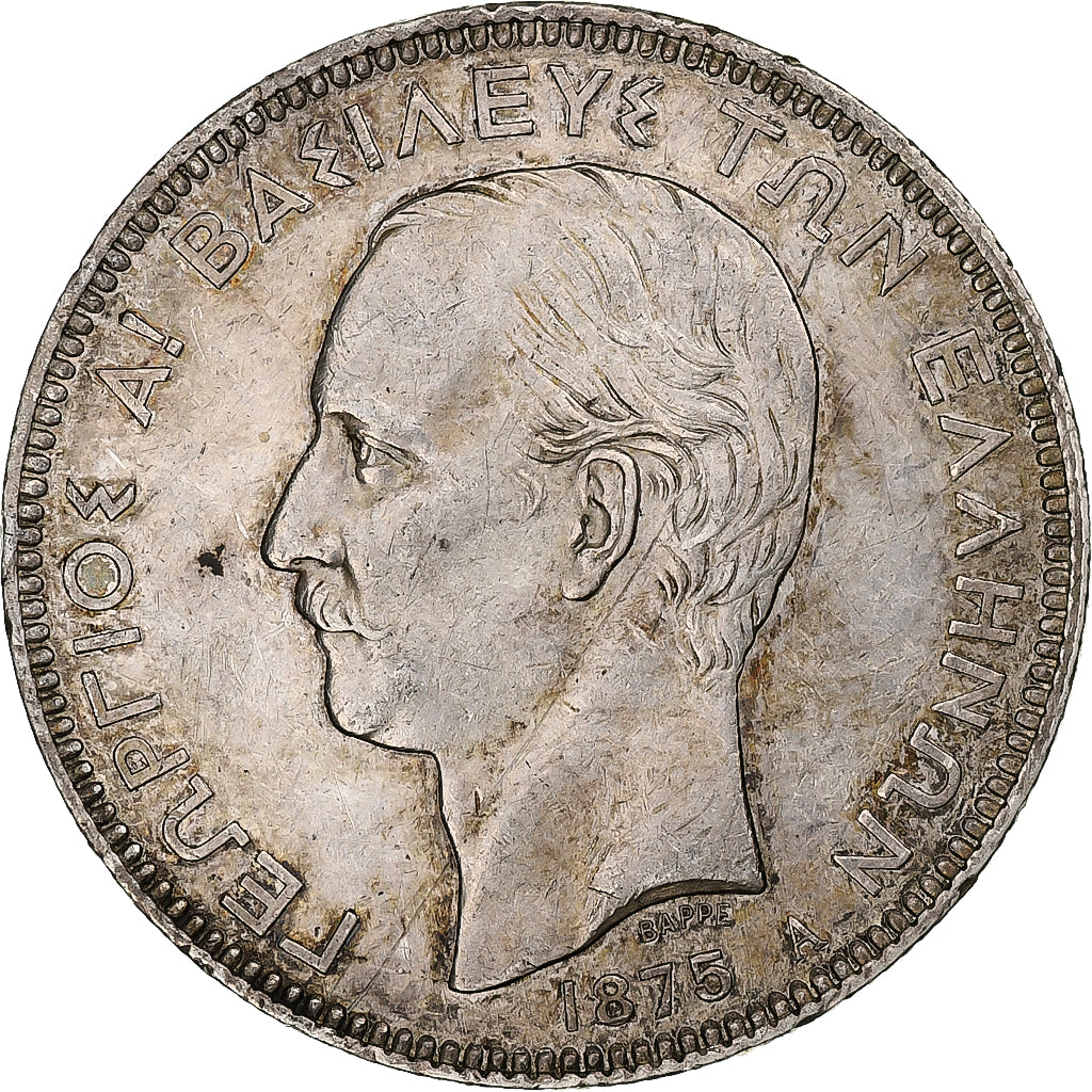 Grecia, George I, 5 Drachmai, 1875, Athens, Argento, BB+