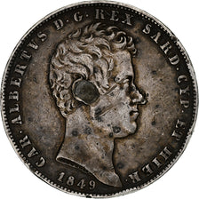 États italiens, SARDINIA, Carlo Alberto, 5 Lire, 1849, Genoa, Argent, B+