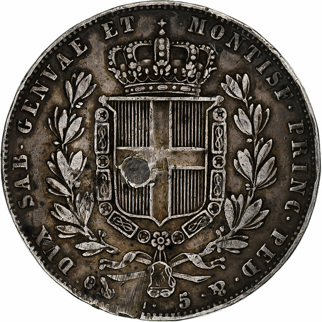 États italiens, SARDINIA, Carlo Alberto, 5 Lire, 1849, Genoa, Argent, B+