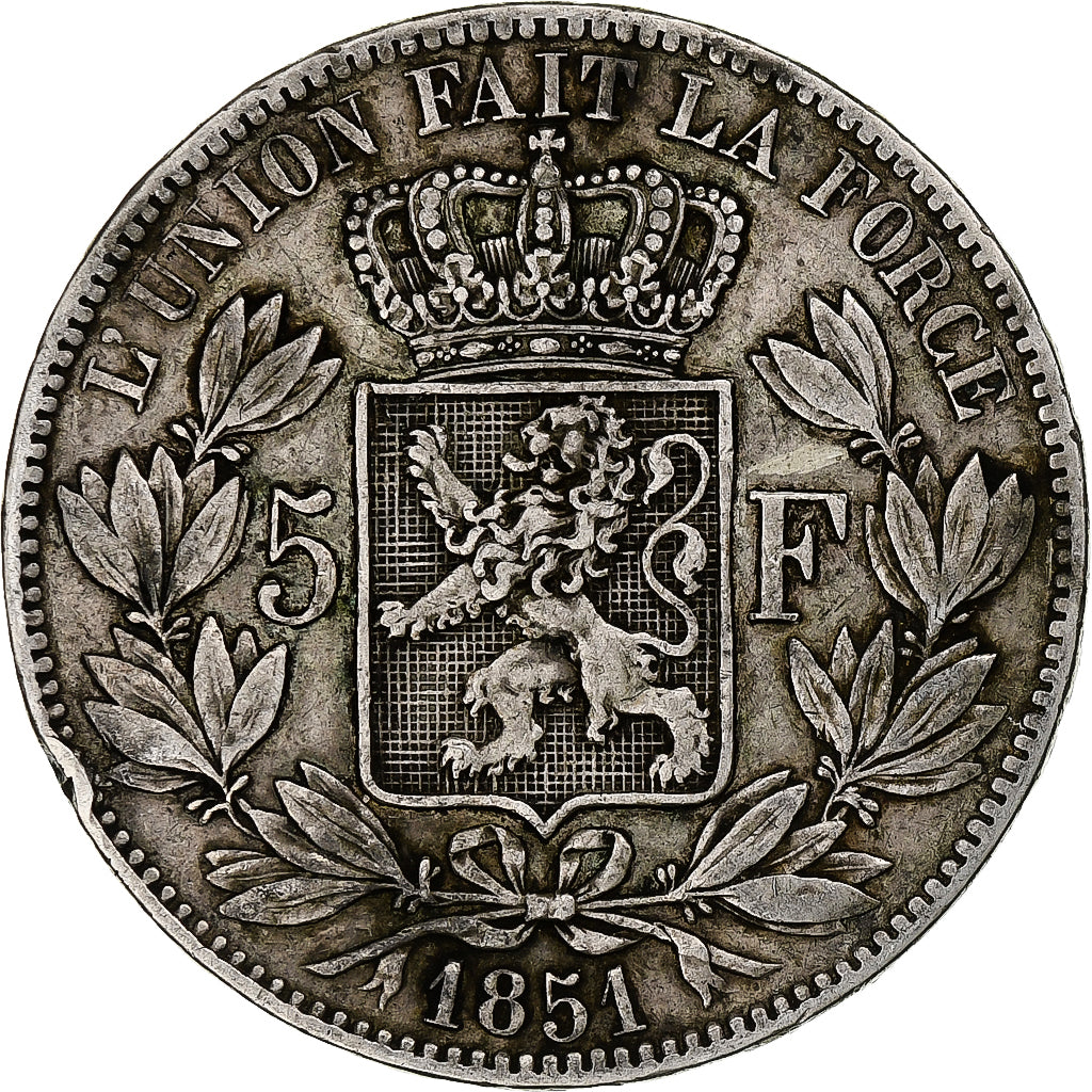 Belgio, Leopold I, 5 Francs, 5 Frank, 1851, Argento, MB, KM:17