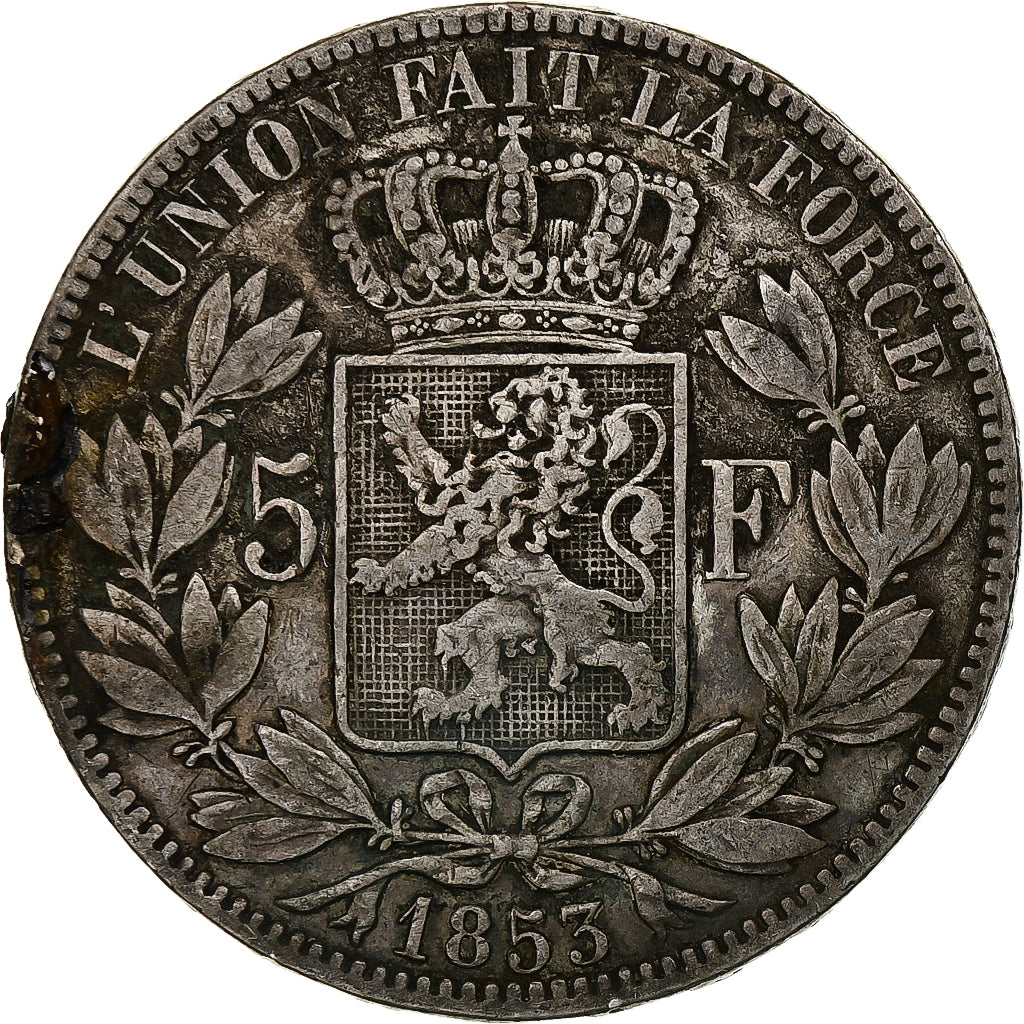 Belgio, Leopold I, 5 Francs, 5 Frank, 1853, Argento, MB, KM:17