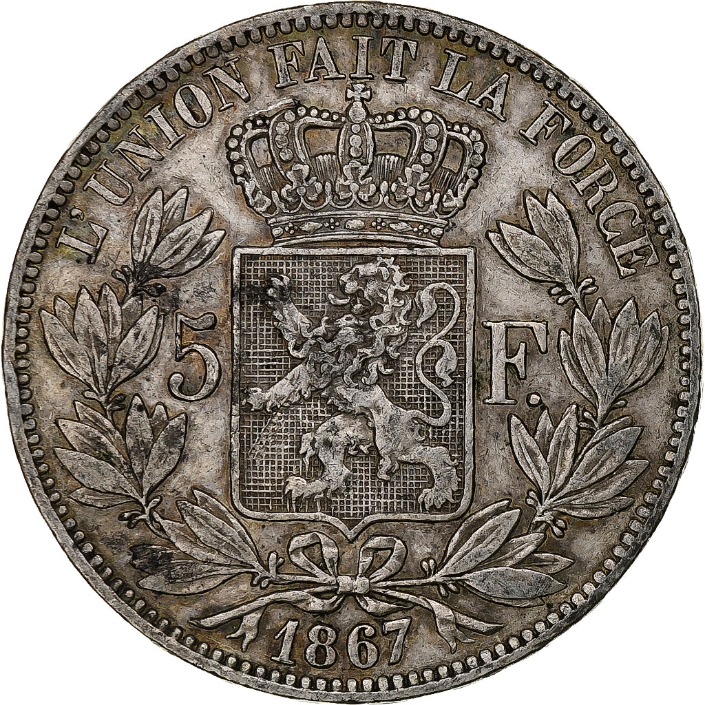 Belgio, Leopold II, 5 Francs, 5 Frank, 1867, With dot, Argento, MB, KM:24