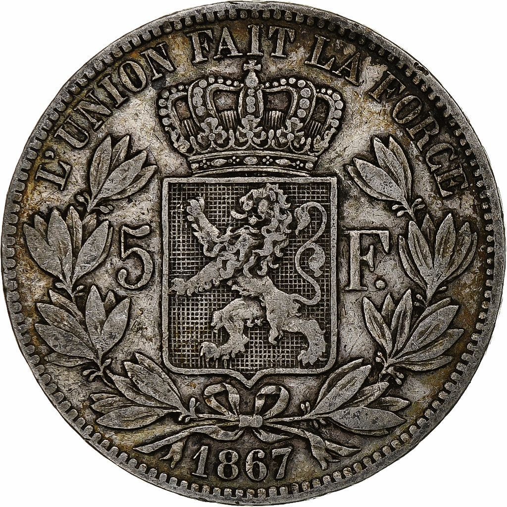 Belgio, Leopold II, 5 Francs, 5 Frank, 1867, With dot, Argento, MB, KM:24