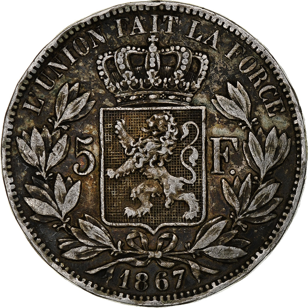 Belgio, Leopold II, 5 Francs, 5 Frank, 1867, With dot, Argento, MB, KM:24