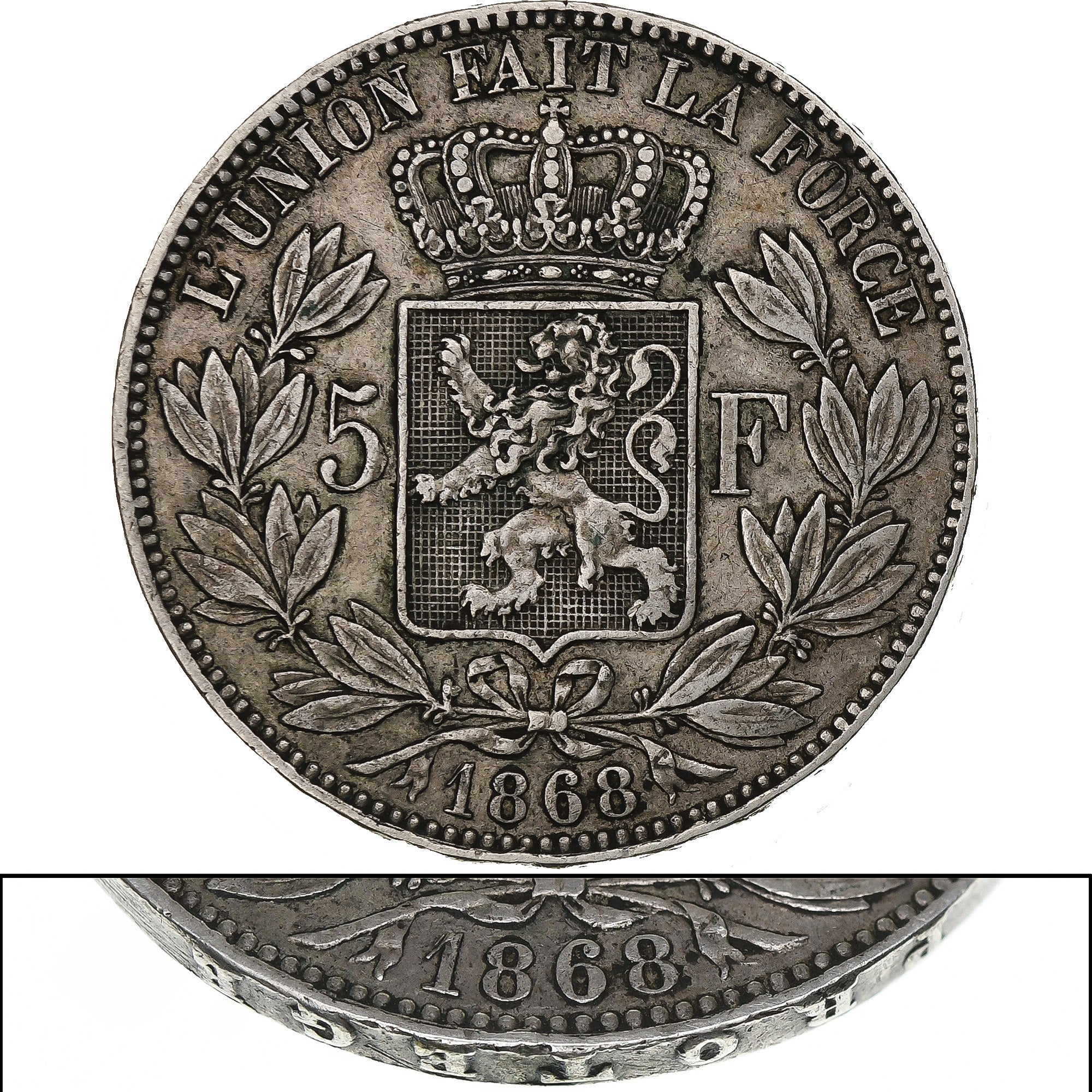 Belgium, Leopold II, 5 Francs, 5 Frank, 1868, Brussels, Edge B, Silver