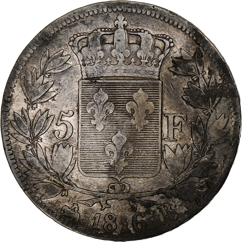France, Louis XVIII, 5 Francs, 1816, Rouen, Argent, B+, Gadoury:614, KM:711.2