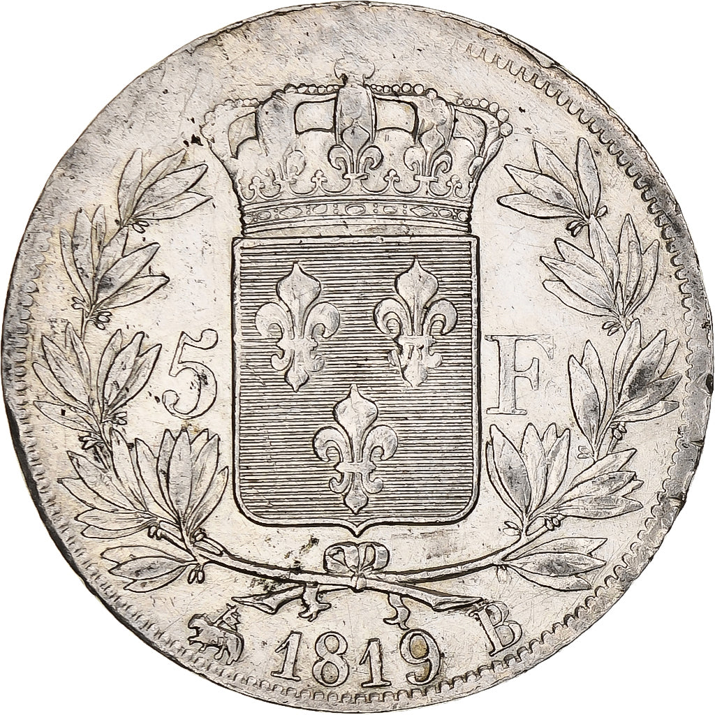 Francia, Louis XVIII, 5 Francs, 1819, Rouen, Argento, BB, Gadoury:614, KM:711.2