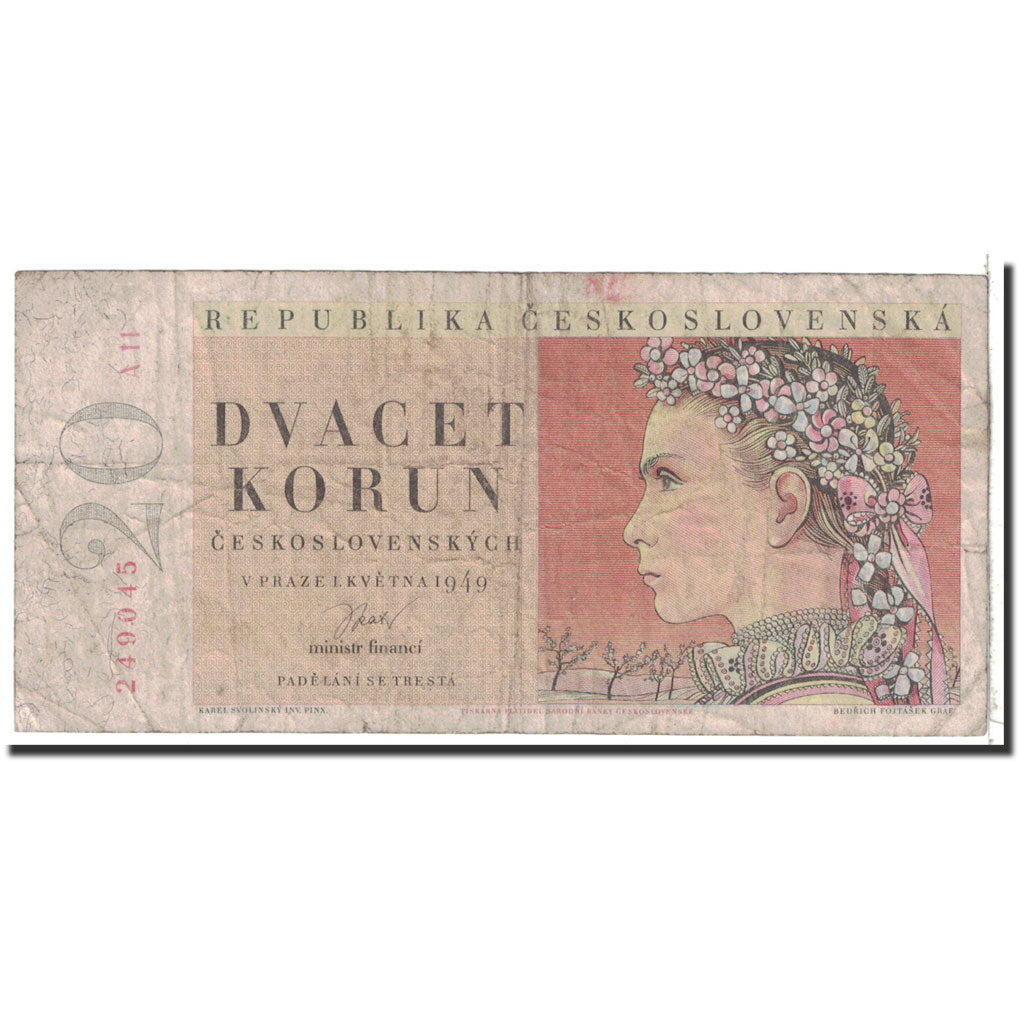 Banknote, Czechoslovakia, 20 Korun, 1949, 1949-05-01, KM:70a, VF(20-25)