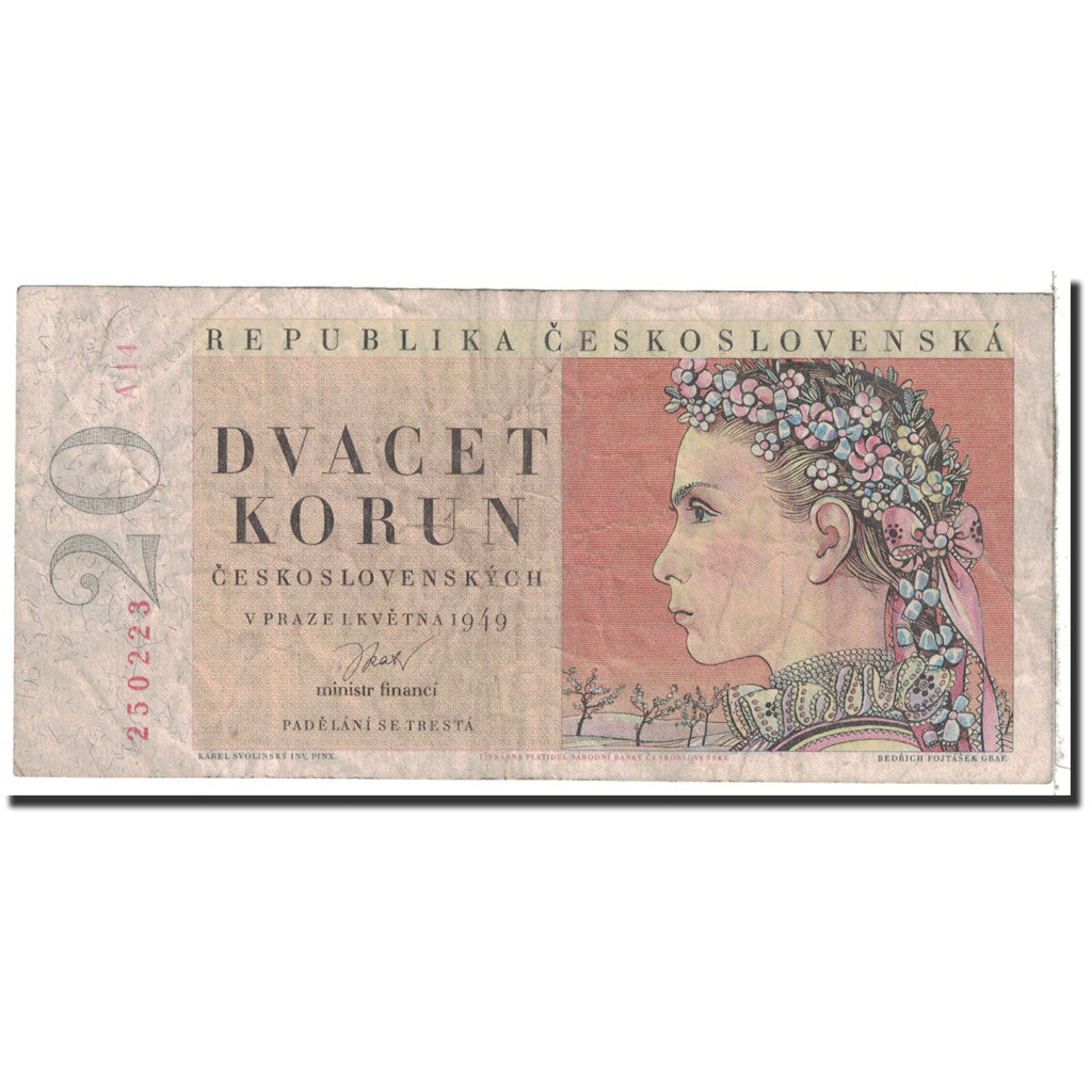 Banknote, Czechoslovakia, 20 Korun, 1949, 1949-05-01, KM:70a, VF(20-25)