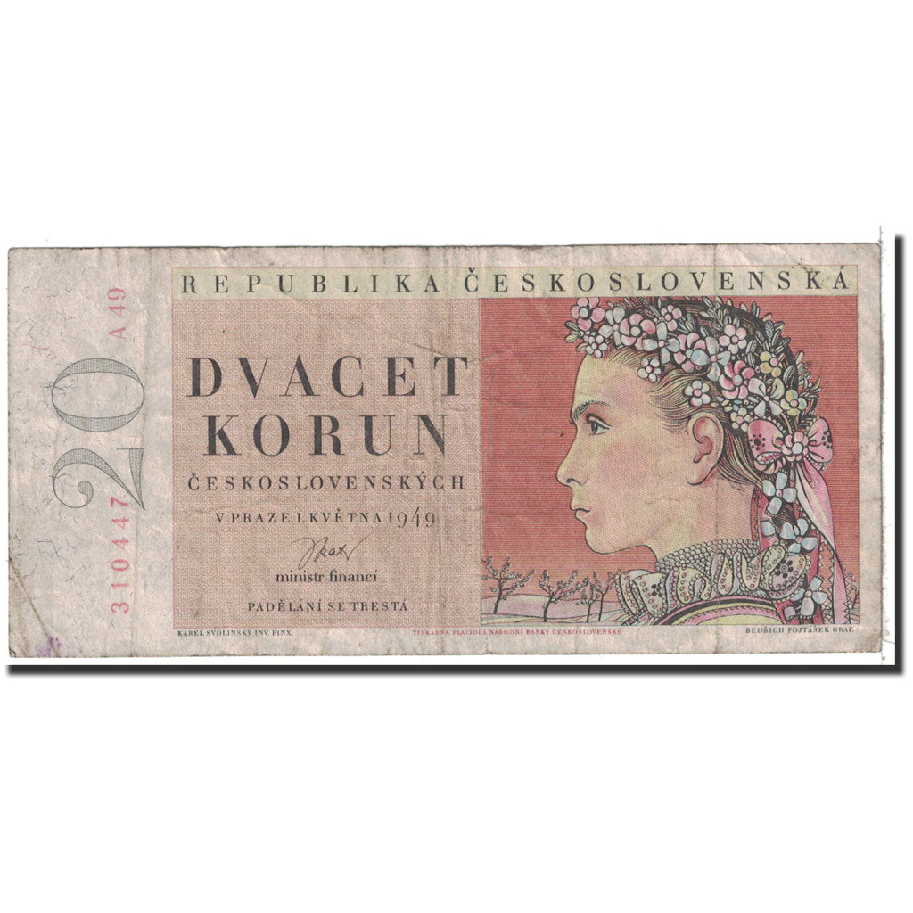 Banknote, Czechoslovakia, 20 Korun, 1949, 1949-05-01, KM:70a, VF(20-25)