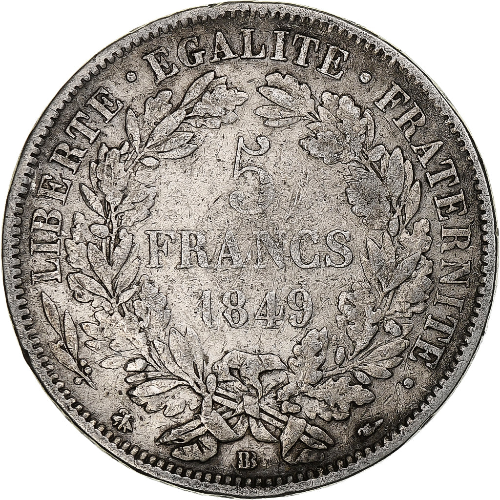 França, 5 Francs, Cérès, 1849, Strasbourg, Prata, VF(30-35), Gadoury:719