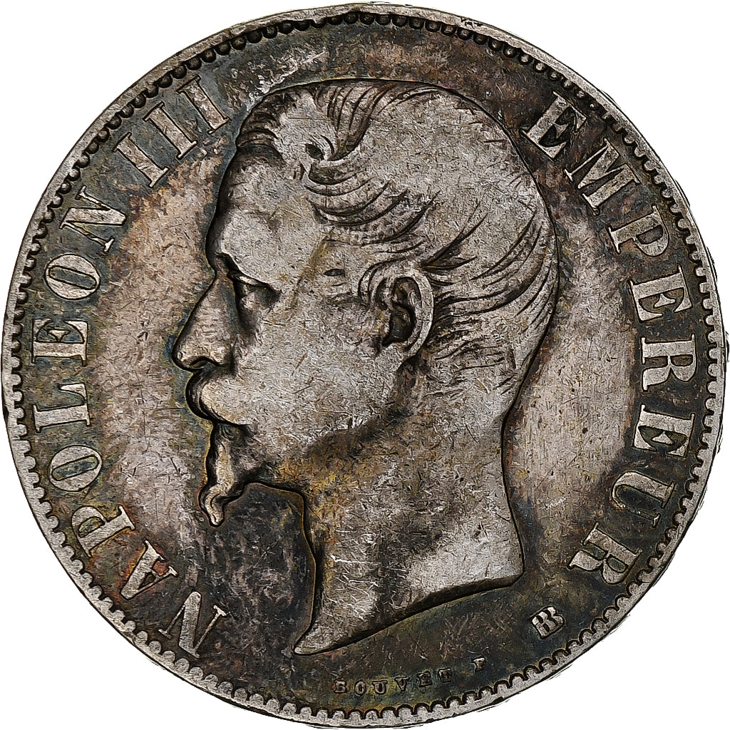 Francia, Napoleon III, 5 Francs, 1855, Strasbourg, Argento, MB, Gadoury:734