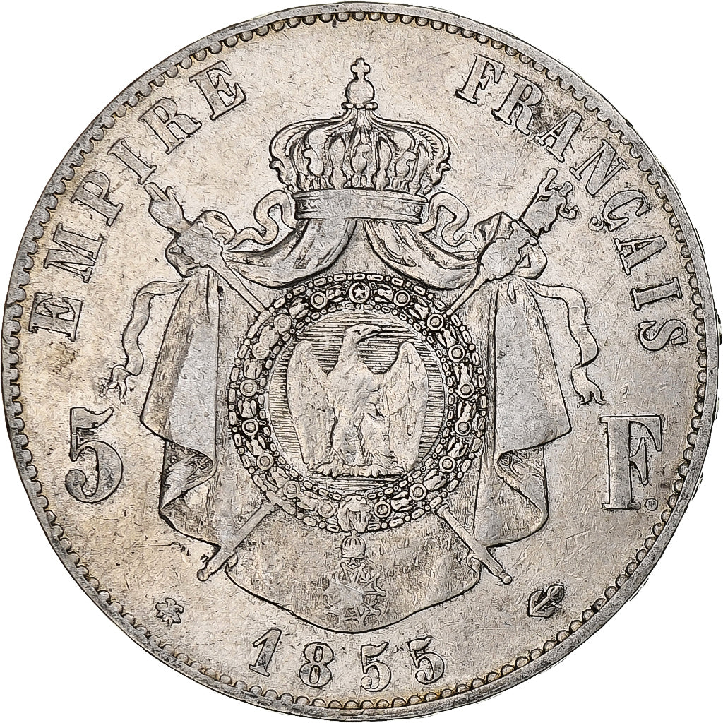 Francia, Napoleon III, 5 Francs, 1855, Strasbourg, Argento, MB, Gadoury:734