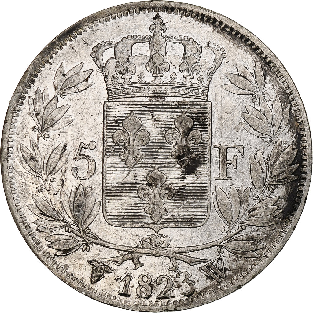 França, Louis XVIII, 5 Francs, 1823, Lille, Prata, EF(40-45), Gadoury:614