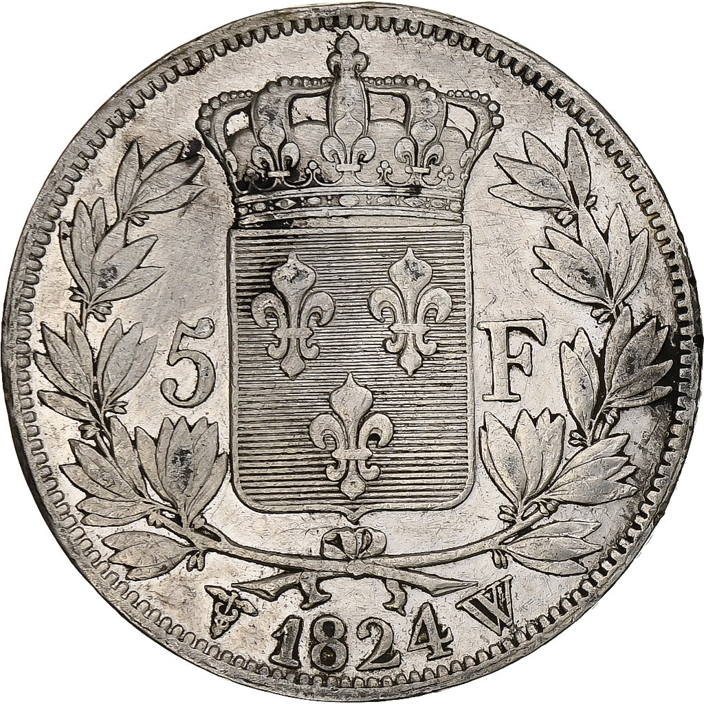 Francja, 5 Francs, Louis XVIII, 1824, Lille, Srebro, VF(30-35), Gadoury:614