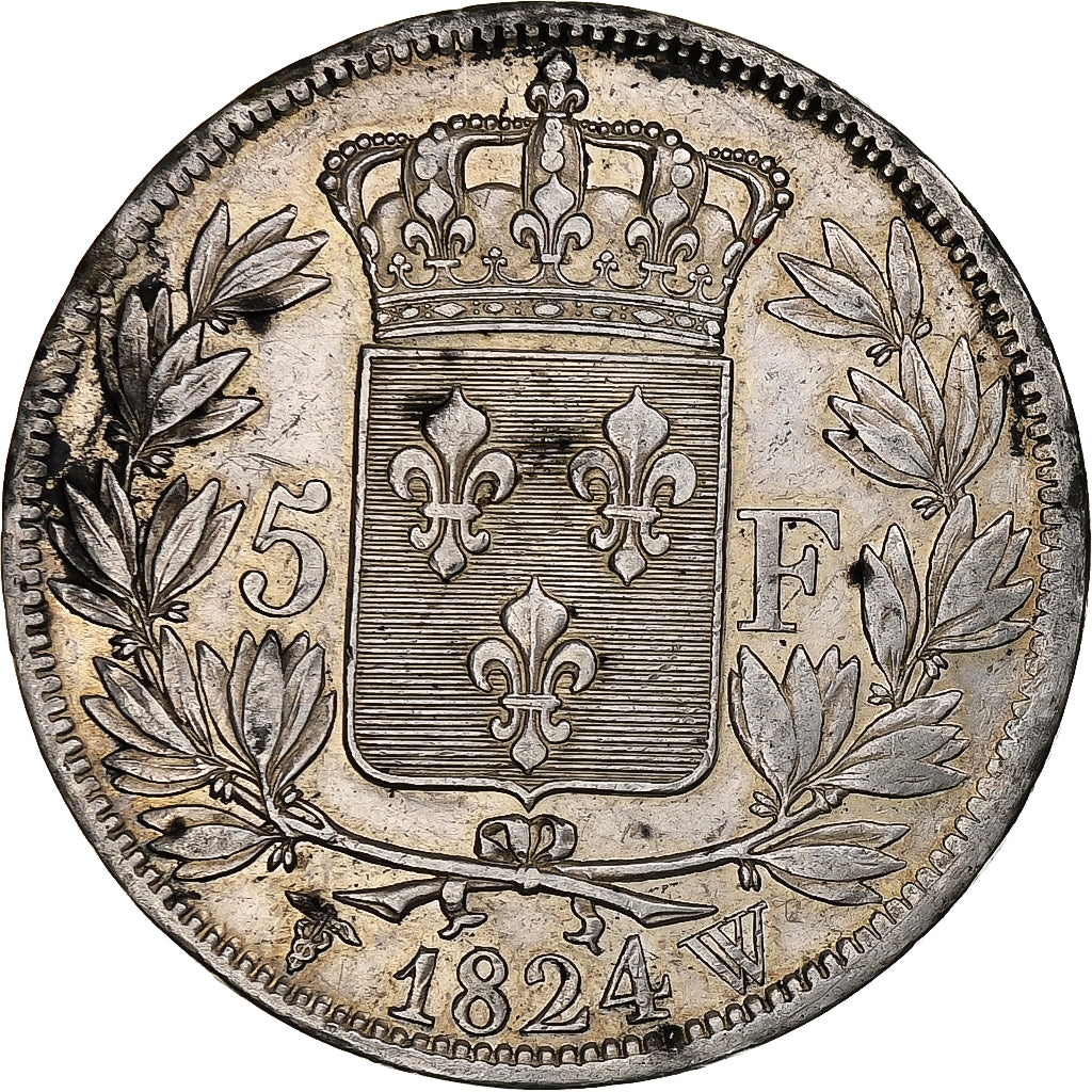 Francia, 5 Francs, Louis XVIII, 1824, Lille, Argento, BB, Gadoury:614, KM:711.13