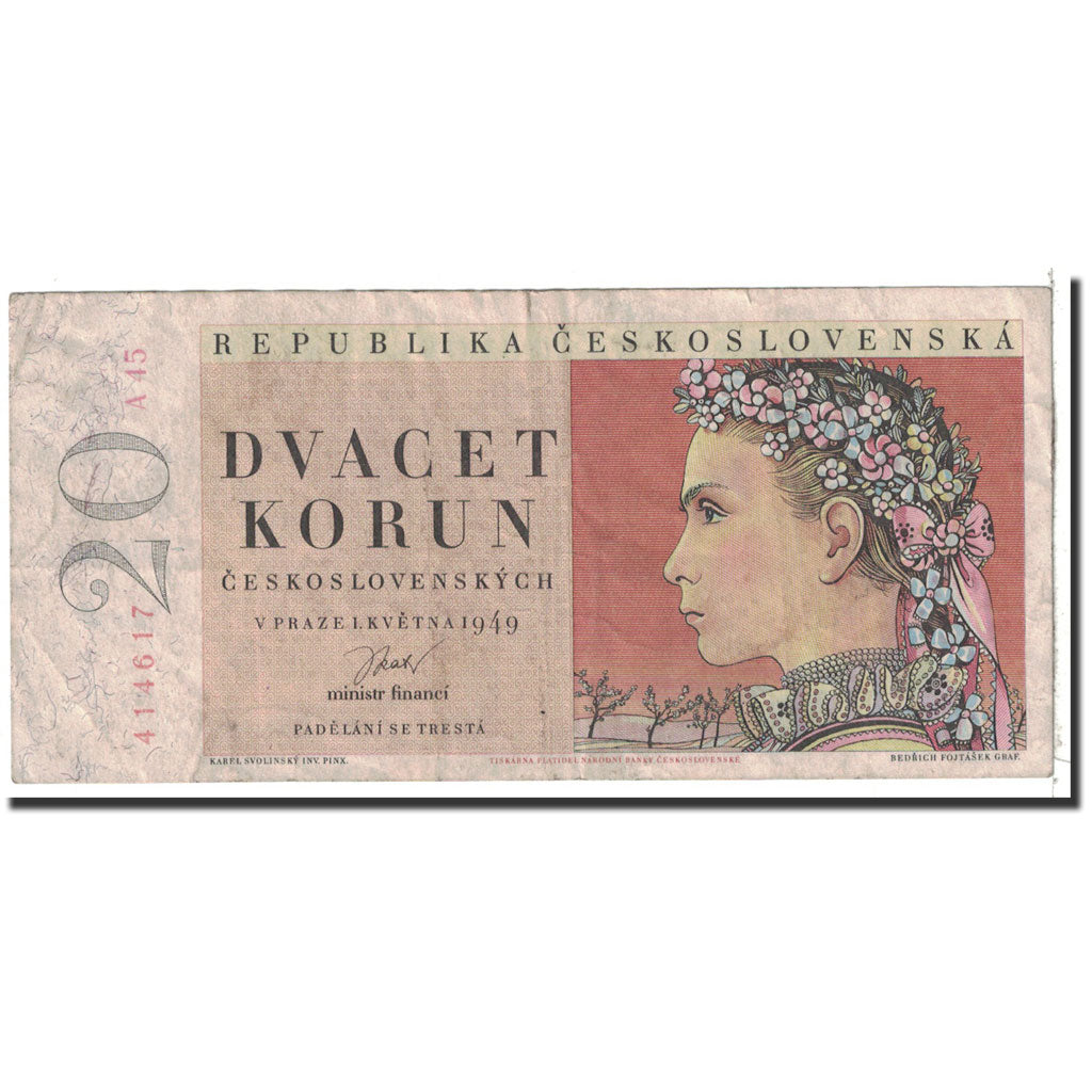 Banknote, Czechoslovakia, 20 Korun, 1949, 1949-05-01, KM:70a, EF(40-45)