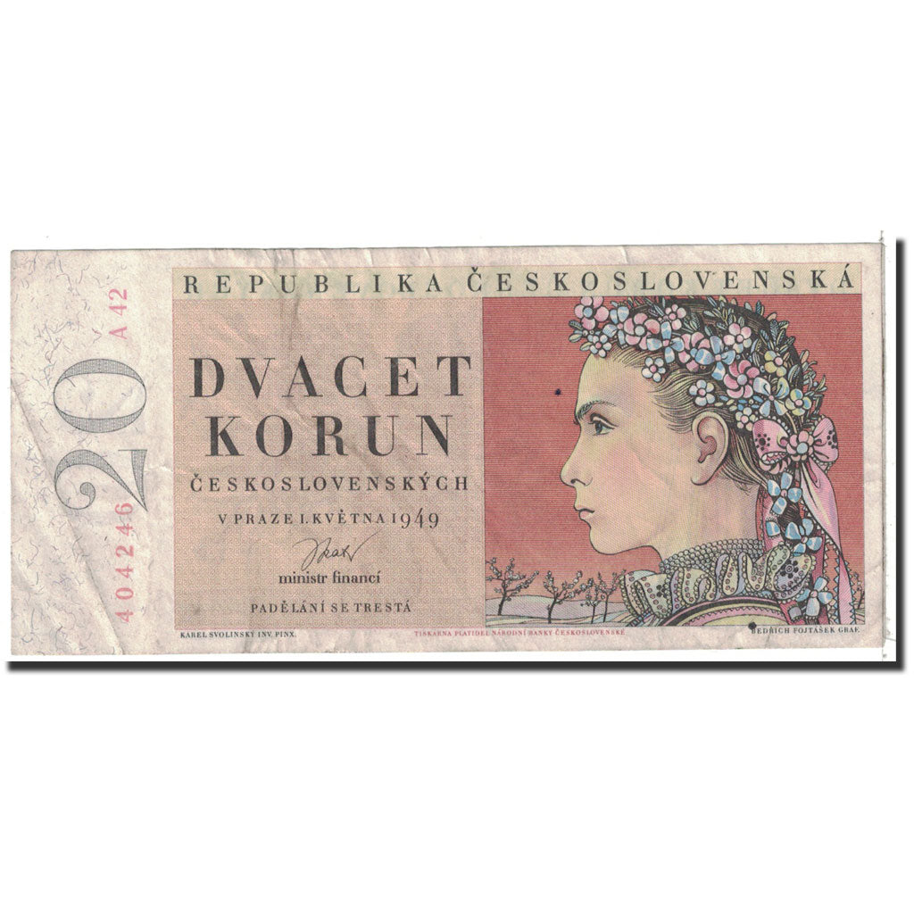 Banknote, Czechoslovakia, 20 Korun, 1949, 1949-05-01, KM:70a, EF(40-45)