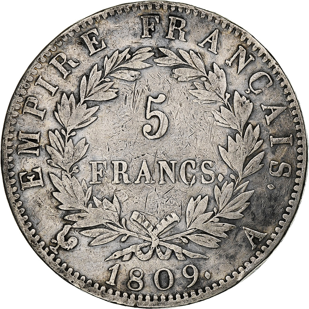 France, 5 Francs, Napoléon I, 1809, Paris, Argent, TB, Gadoury:584, KM:694.1