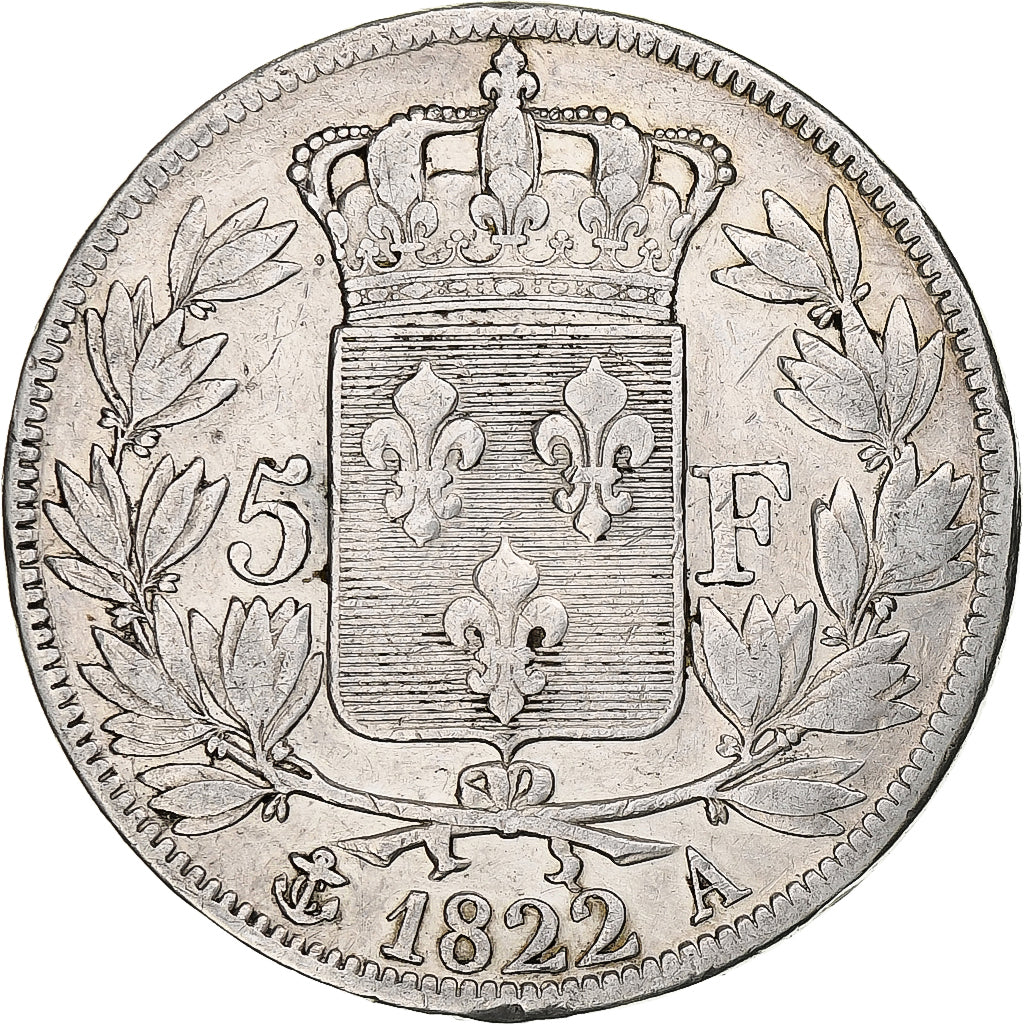 Frankrijk, 5 Francs, Louis XVIII, 1822, Paris, Zilver, FR, Gadoury:614, KM:711.1