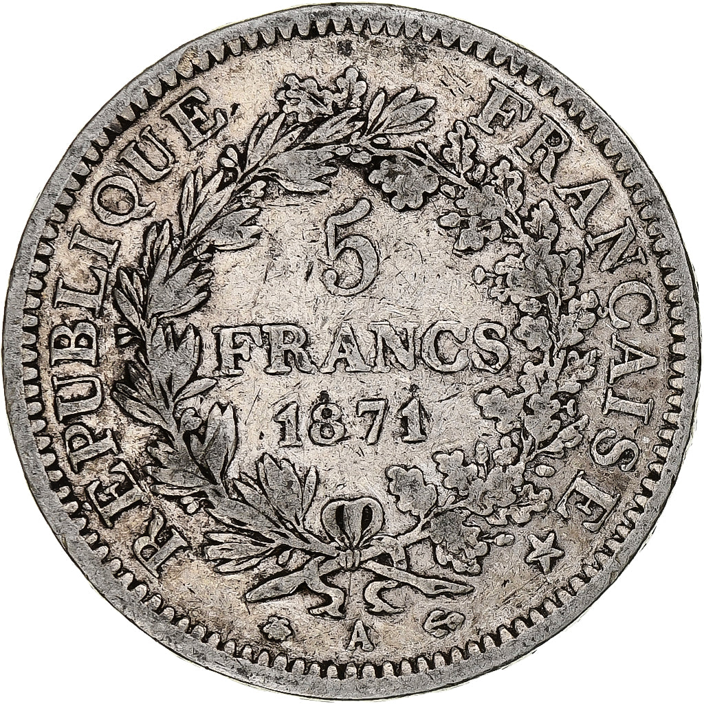 França, 5 Francs, Hercule, 1871, Paris, Prata, VF(20-25), Gadoury:745, KM:820.1